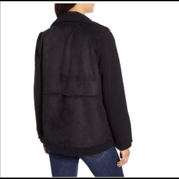 Caslon Black Faux Shearling Open Front Notched Lapel Collar Coat Jacket - Picture 3 of 10